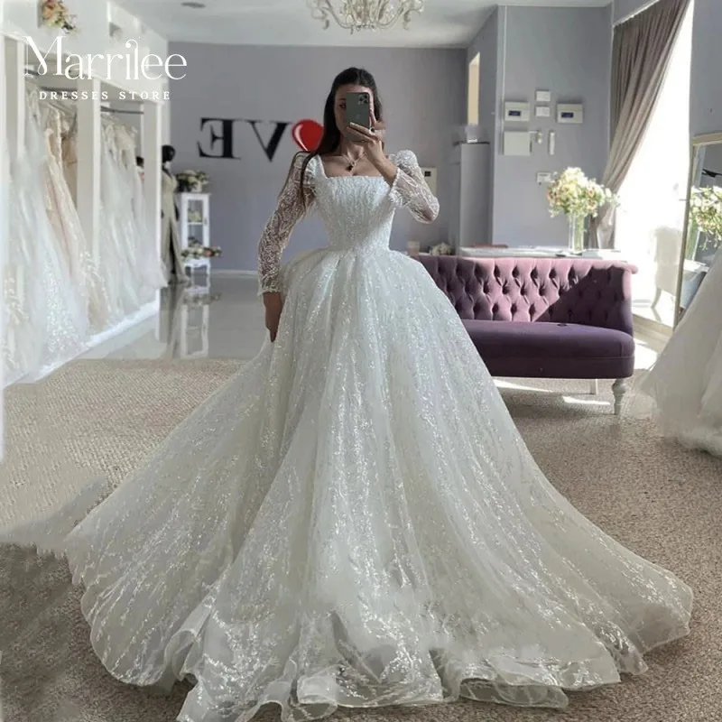 

Luxury Modest Wedding Dress 2024 Long Sleeve Lace Shiny Sequined Bridal Gowns Prom Dress Ball Gown Sweep Train
