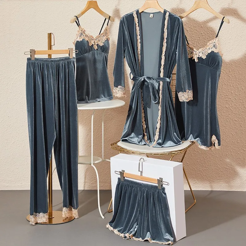 2024 New Top Golden Velvet Pajamas for Women in Autumn and Winter Version of  Pajamas Five Piece Set with Chest Pads Pajama Sets