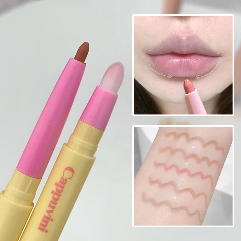 Lip Liner Fine Lipliner Pen Matte Velvet Lip Outline Contour Pencil with Brush Waterproof Non-stick Cup Moisturizing Makeup