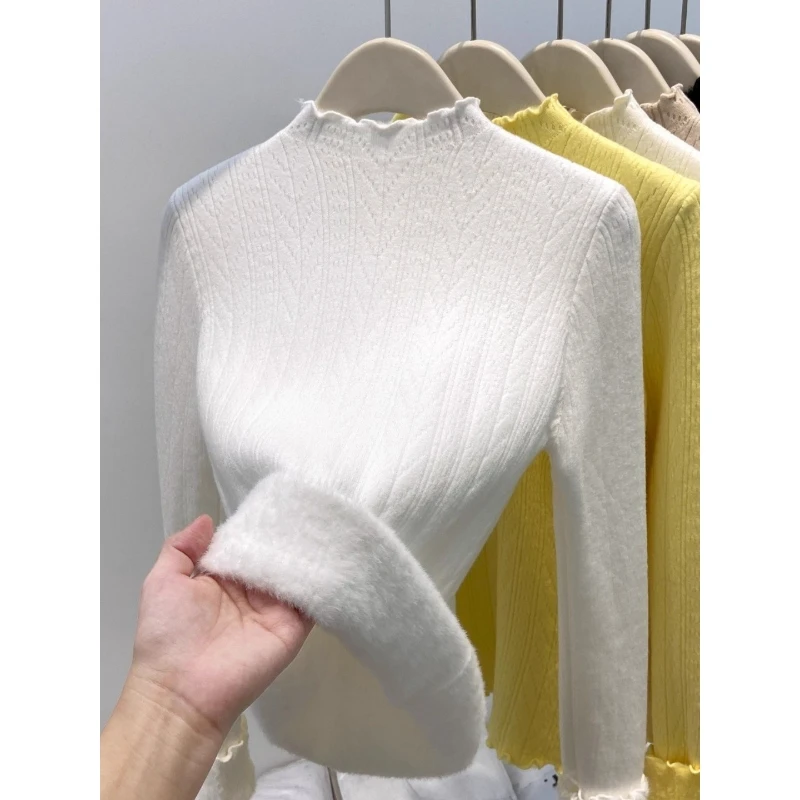 Autumn and Winter Slim-fitting Women's Wooden Ear Edge Semi-turtleneck Long-sleeved Sweater Elegant Integrated Velvet Knitwear
