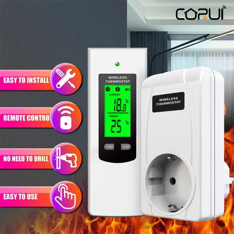 

CORUI Temperature Switch Control Socket, Thermostat Socket, Smart Temperature Regulating Socket With RF Remote Control Socket