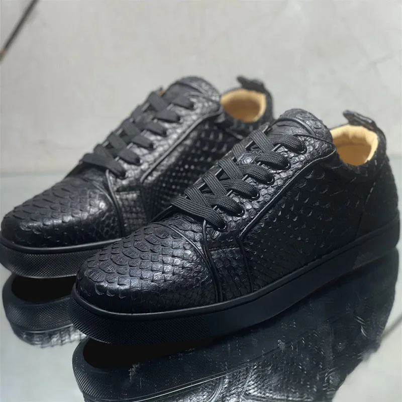 

Luxury Designer Black Snake Stripe Leather Low Top Red Bottom Shoes For Men's Casual Flats Loafers Women's Brand Outdoor Sneaker