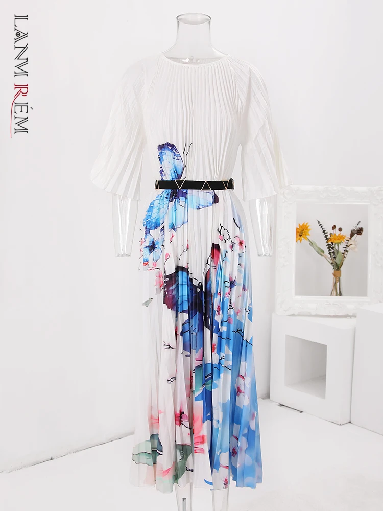 

LANMREM Casual Print Pleated Dress Women Round Neck Contrast Color Belt Gathered Waist Long Dresses Party 2024 Summer New 32C957