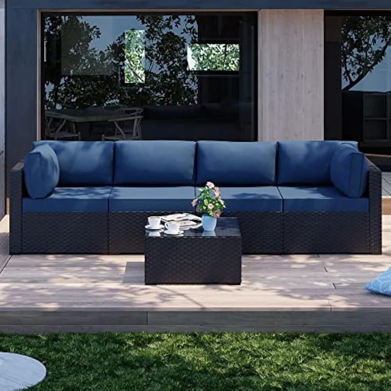 Shintenchi 5 Pieces Outdoor Patio Sectional Sofa Couch, Black PE Wicker Furniture Sets, Patio Conversation Sets with Washable
