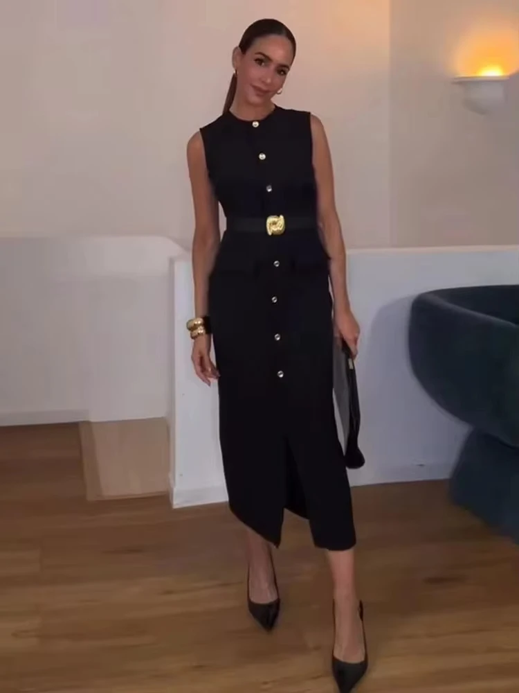 HH Women Fashion Belt Midi Dress O Neck Single Breasted Sleeveless Dresses Front Slit Summer Casual Maternity Outfit Dress