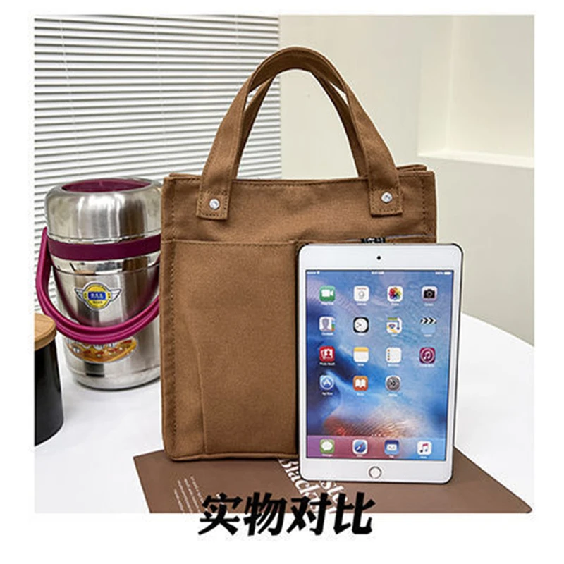 Double Pocket Canvas Lunch Bags Women Shopping Handbag Food Storage Lunch Box Bags Fashion Soild Color Bag For Girls 2023