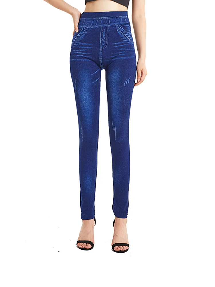 

YGYEEG Women Fashion Slim False Jeans Plus Size Jeggings Fitness Workout Pocket Printing Leggings Casual Pencil Pants S-3XL