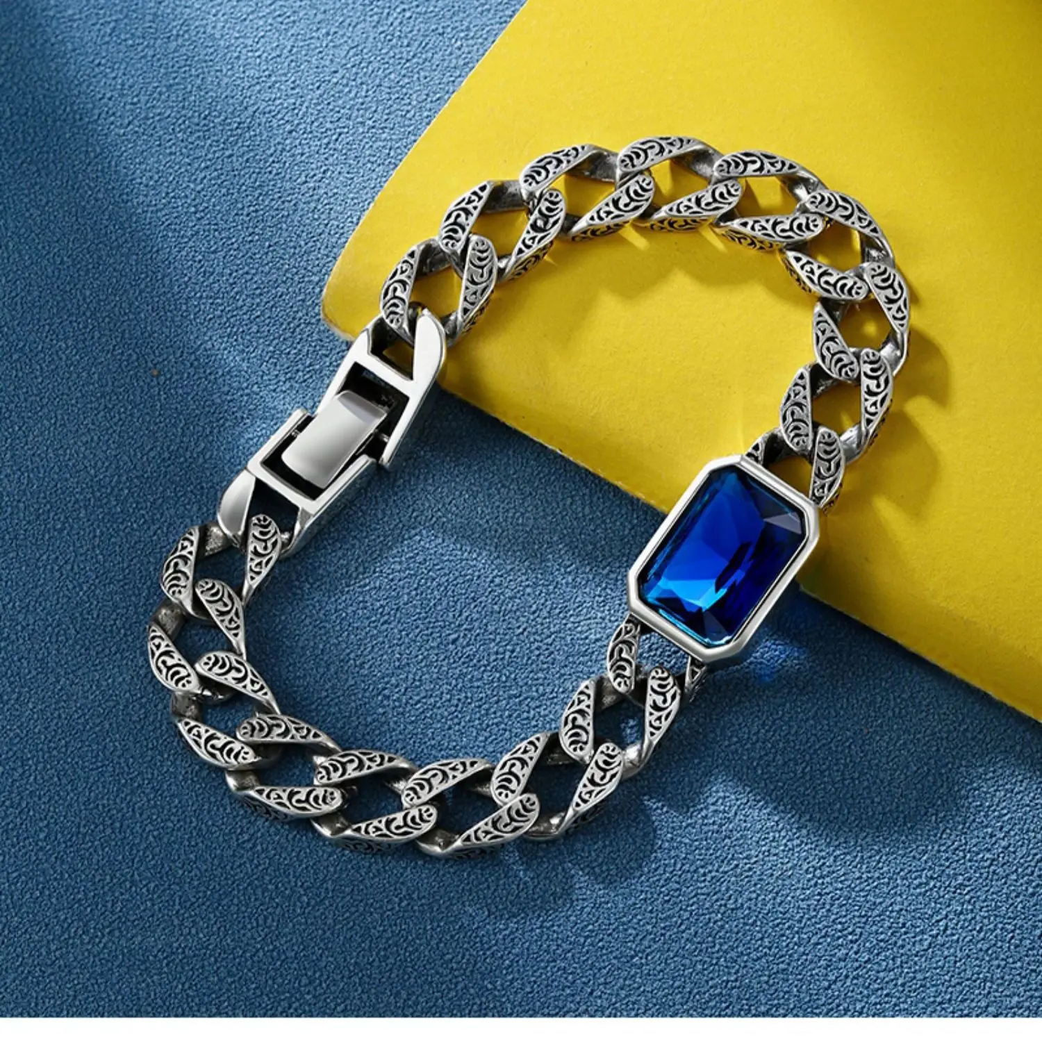 

XS New Blue Stone Tang Grass Pattern Couple Bracelet Cuban Bracelet Pair of Korean Version Fashion and Personality Trend