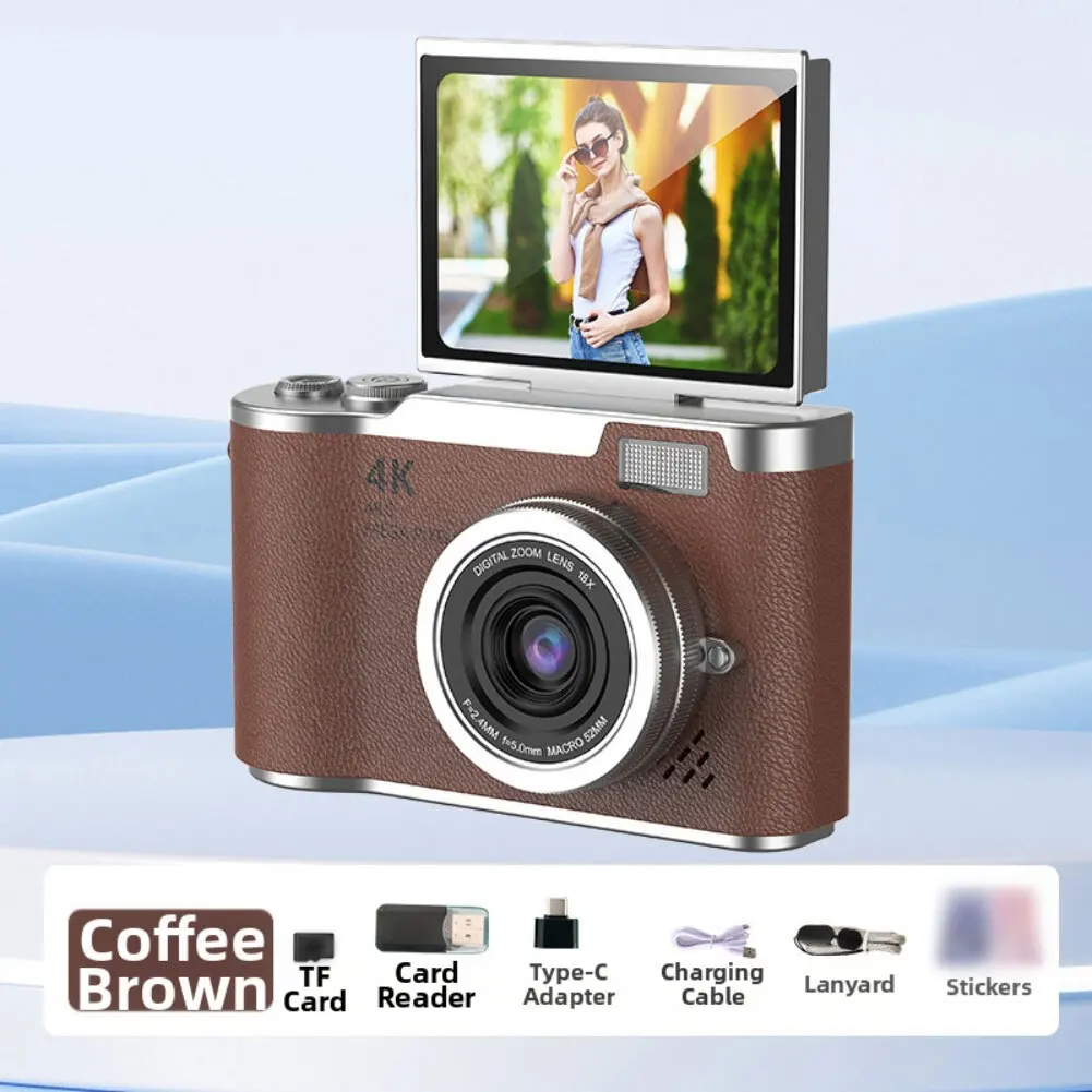 학생용 4K CCD 디지털 카메라 48MP 컴팩트 디지털 사진기 180 ° 어린이 및 성인 초보자용 플립 스크린 카메라