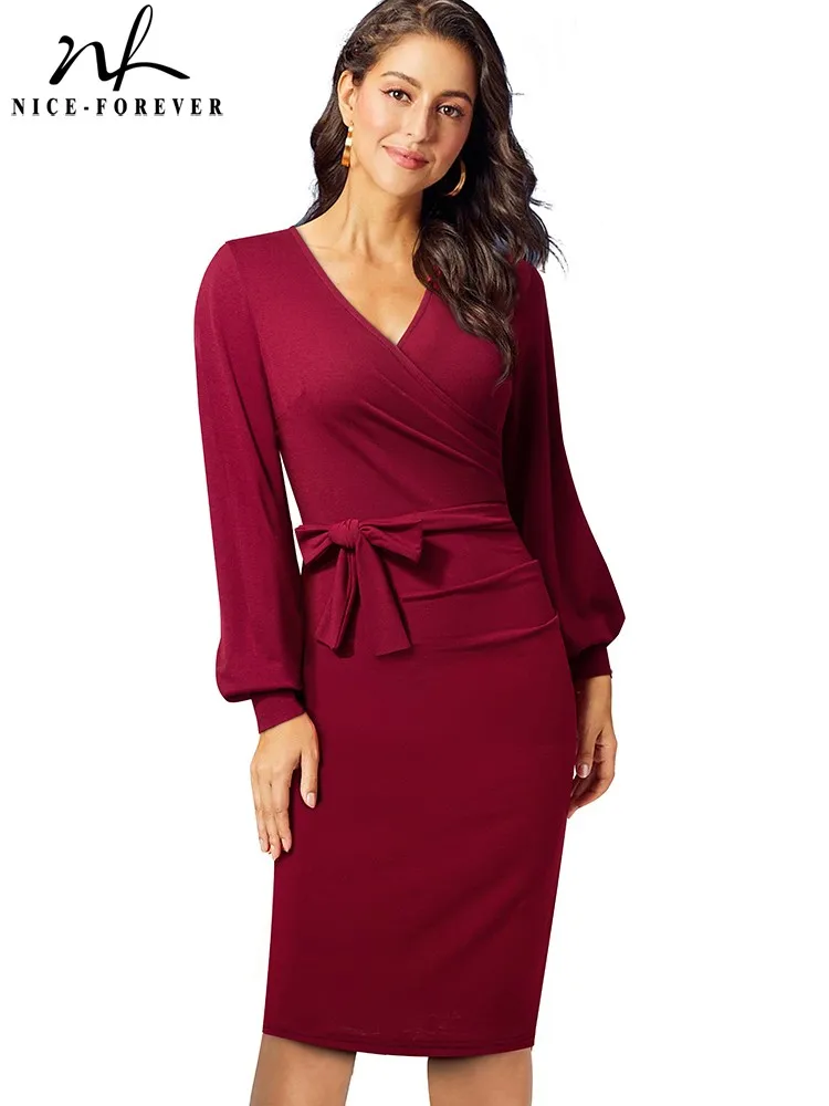 Nice-Forever Autunno Donna Classico Tinta Unita Con Abiti Da Ufficio A Fascia Formale Business Vintage Bodycon Slim Dress B677