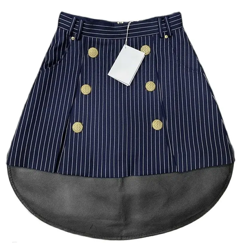 

Y2K Female Blue Striped A-lien Skirts Fashion High Waist Double Breasted Silk Wool Mini Skirt Runway New Women High End Clothes