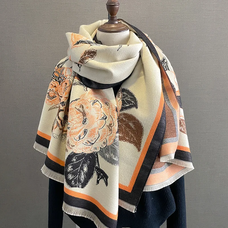 

Fashion Floral Print Thick Soft Cashmere Winter Poncho Women Scarf Warm Shawl Pashmina Wraps Ladies Travel Bufanda Echarpe