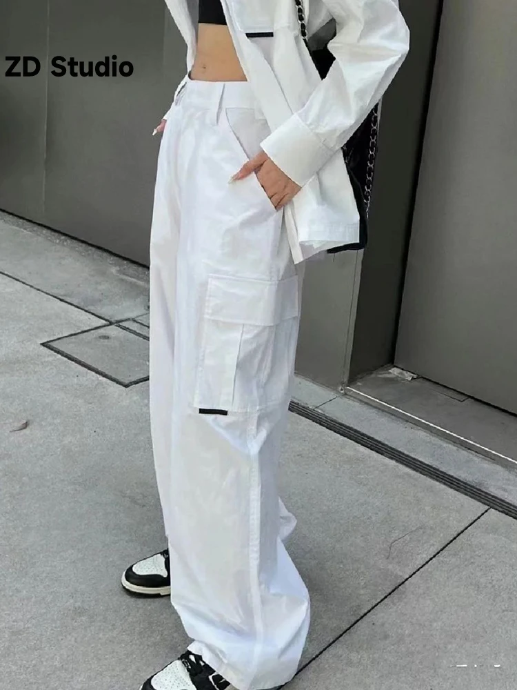 

[ZD Studio] 2023 Spring Summer Men's And Women's Casual Loose Pants Solid Color Multi-pocket Wide-leg Pants Cargo Trousers
