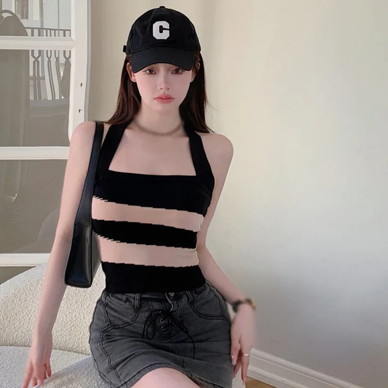 

Slim Sexy Tank Top Summer WomenCamisole Halter Knitted Stripe Stitched Tops