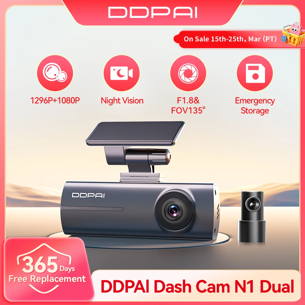 Dash Cam DDPAI N1 Dual Front & Rear Recording NightVIS 1296P Car DVR App Control