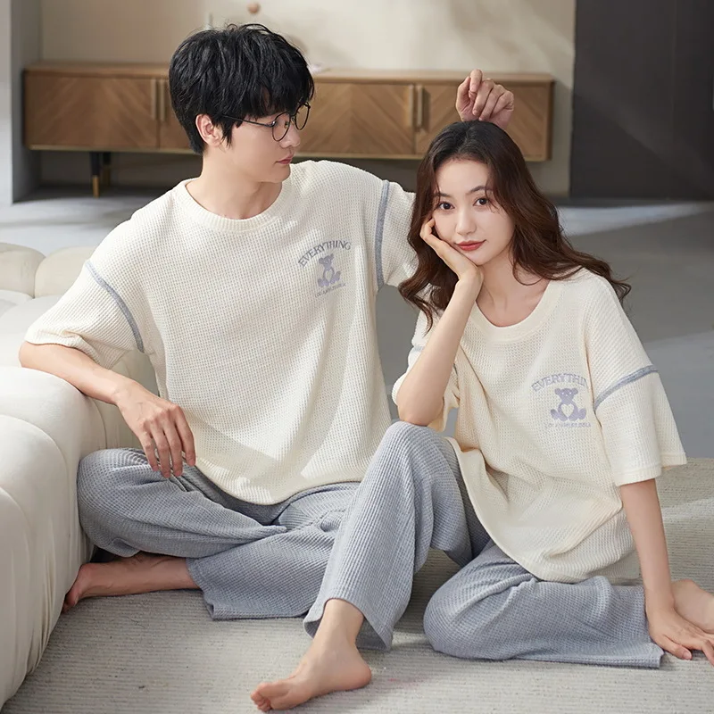 Couple Pajama Set Sleepwear Knitted Cotton Pyjamas Loungewear Cartoon Homewear Lover Pijamas Short Sleeved Men and Women Casual