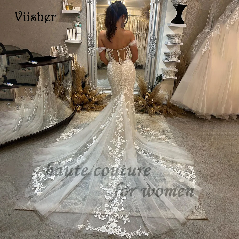 

Роскошные свадебные платья-русалки для невесты 2024 с открытыми плечами кружевные аппликации Тюлевое пляжное платье для невесты со шлейфом