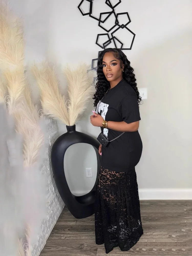 Wmstar 2025 new woman summer Sexy hot  suitable dress Lace dress letter print O neck Short sleeve long thin light dress