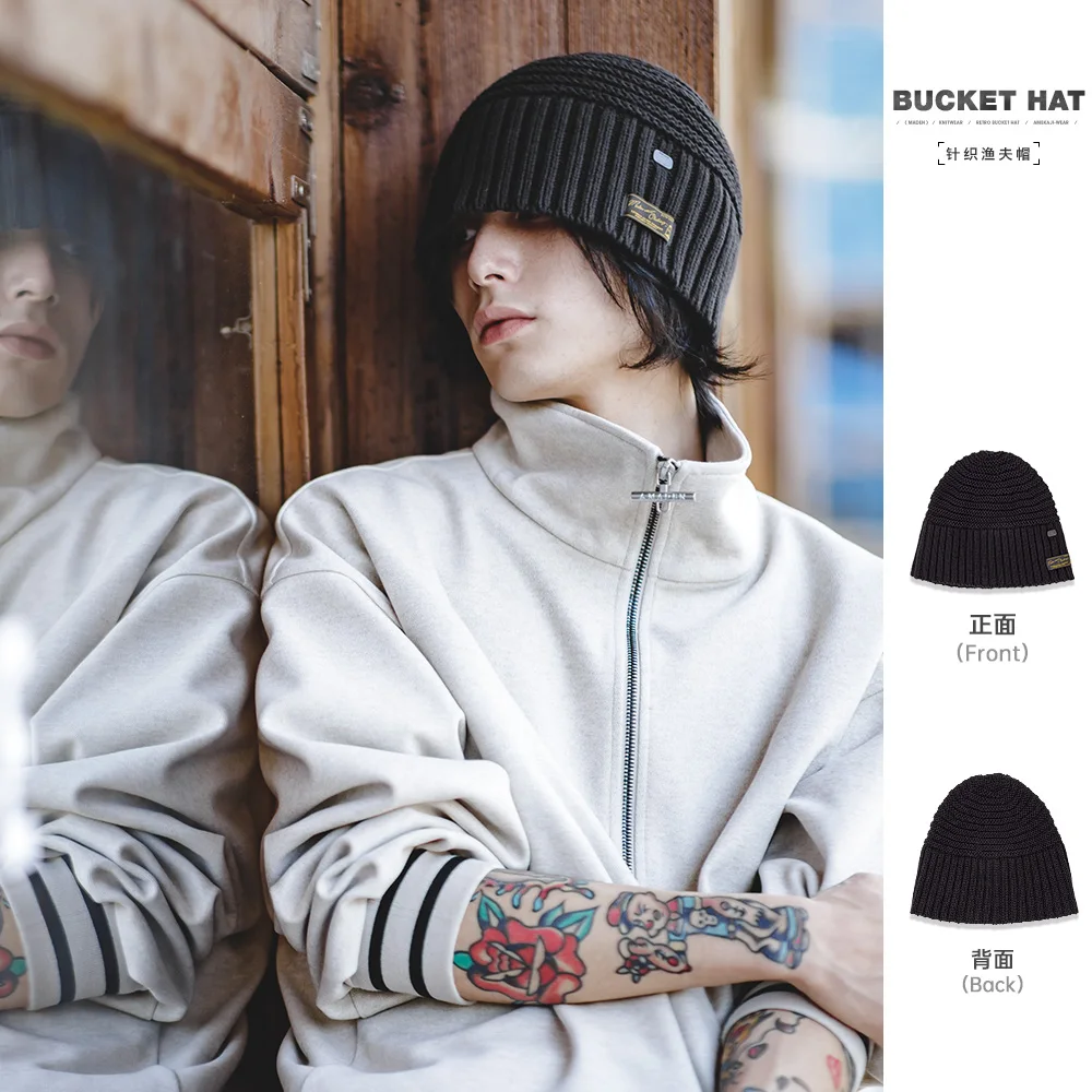 

Maden 2023 Winter Casual Black Knitted Fisherman Hat Vintage Wrapped Head Warm Wool Cap Men's 100% Cotton Big Size Bucket Hat