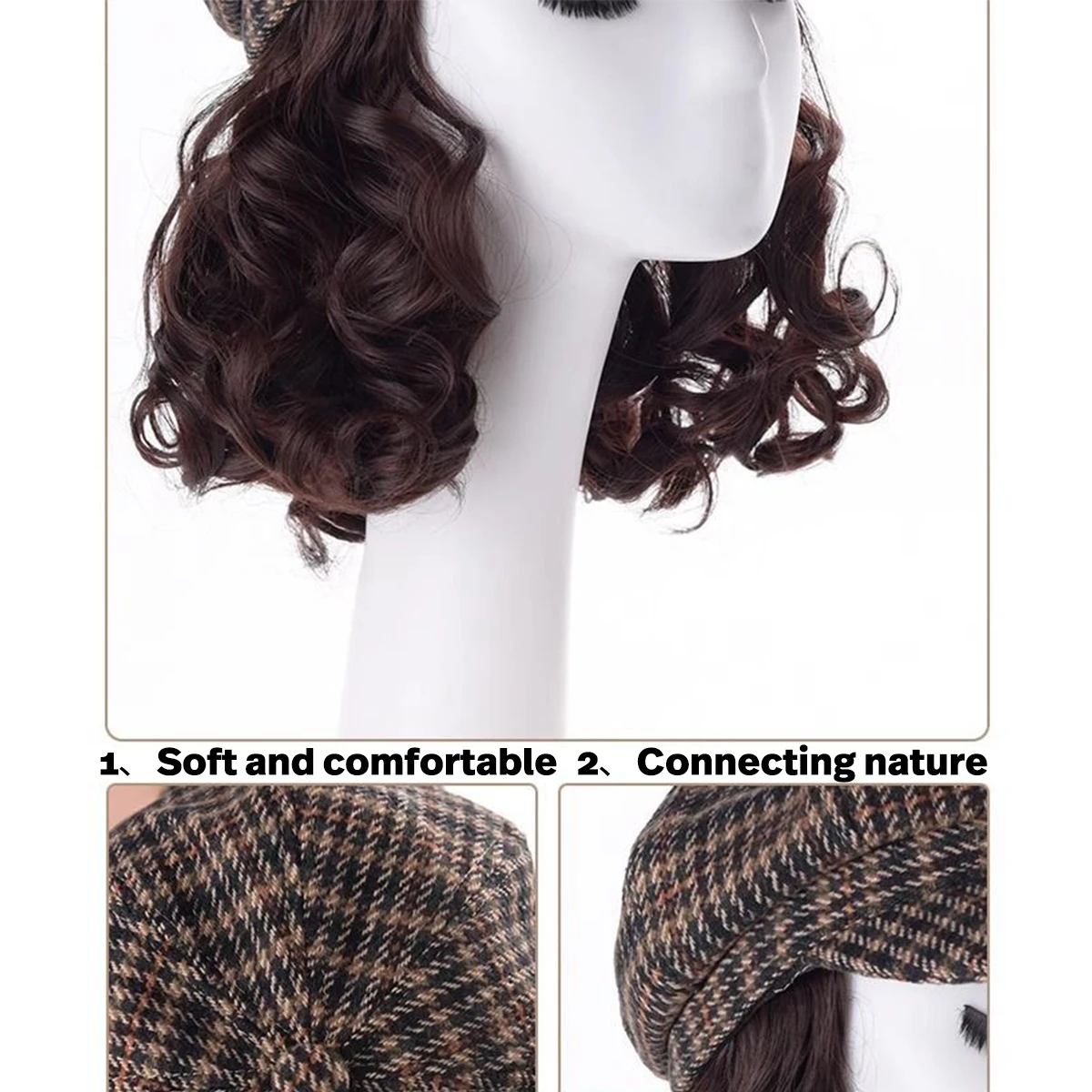 12-inch synthetic all-in-one hat wig women's navy hat winter warm short curly hair heat-resistant wig brown