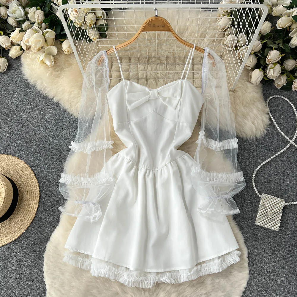 

Mesh suspender dress autumn women's waist slim white dress