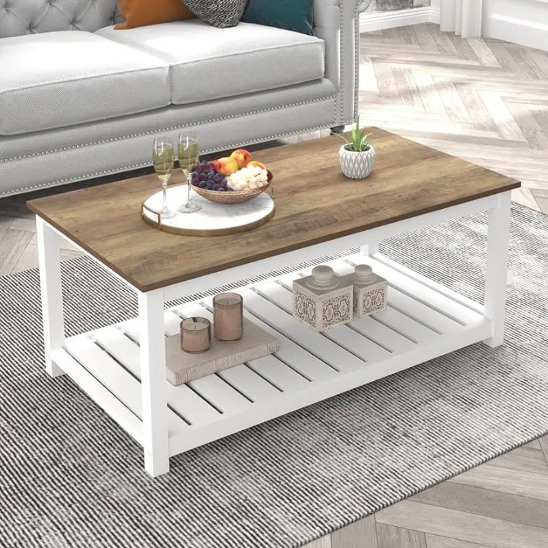 

Farmhouse Coffee Table with Storage Shelf, Rustic Vintage Wood Cocktail Table for Living Room, White