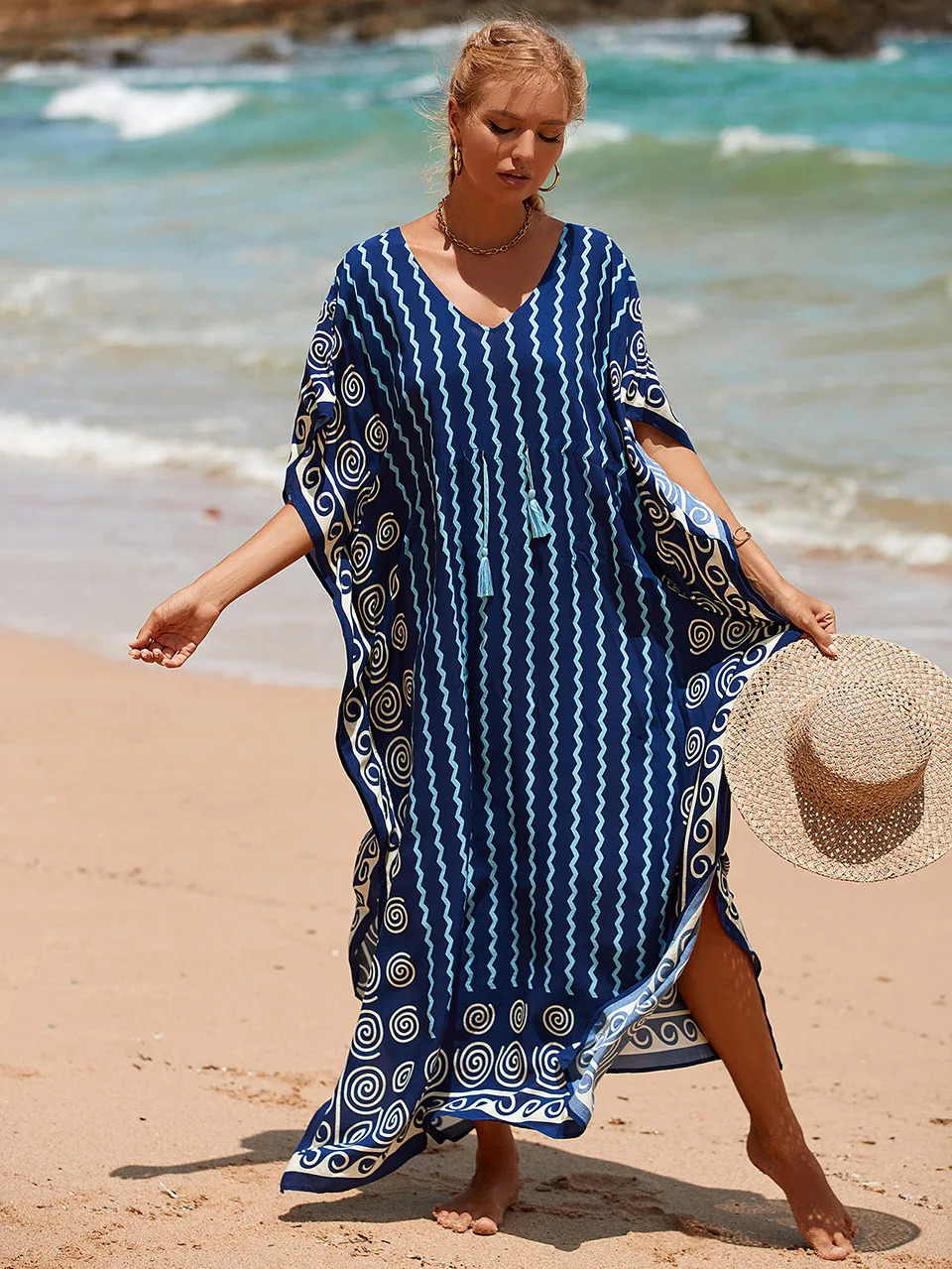 

2023 Summer Beach Kaftan Dress for Women Print V-Neck Tunic Bikini Cover Up Vacation Outfits Long Dresses Oversized Beachwear