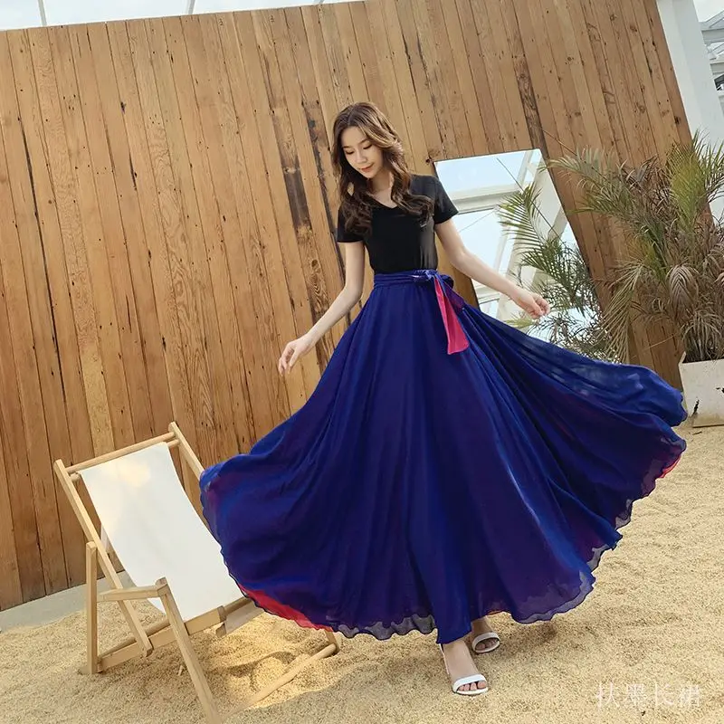 

Dance Skirts Chiffon Long for Women Elegant Casual High Waist Boho Beach Maxi Wear on Both Sides Saias Femme Q435