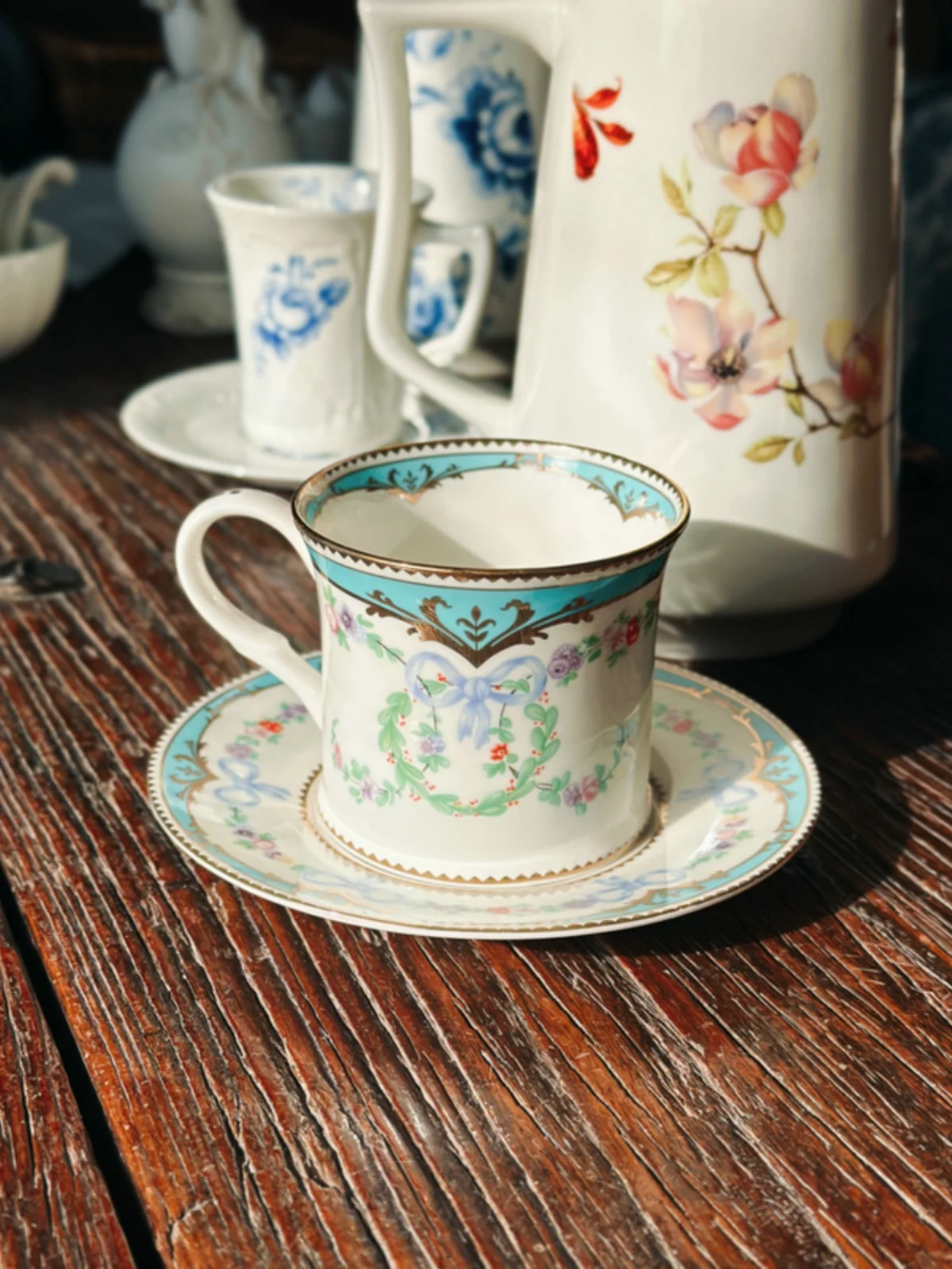 

French Ribbon Rose Coffee Cups, Teacups, Tea Cup Saucers, Coffee Cup Saucers, Cappuccino Coffee Cup, Office Home Drinkware