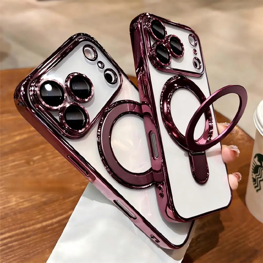 Luxury For Magsafe Bracket Case For iPhone 16 17 18 15 14 13 12 Pro Max 16 Plus Magnetic Ring Stand Holder Clear Acrylic Cover