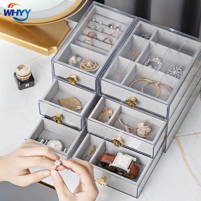 

WHYY Jewelry Box Desk Makeup Organizer Flannel Plastic Transparent Drawer Torage Display Boxes for Home Accessories Rangement