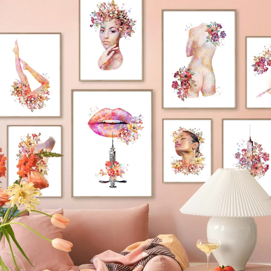 

Watercolour Woman Flowers Lips Slim Leg Spa Beauty Salon Wall Art Print Canvas Painting Nordic Poster Pictures Living Room Decor