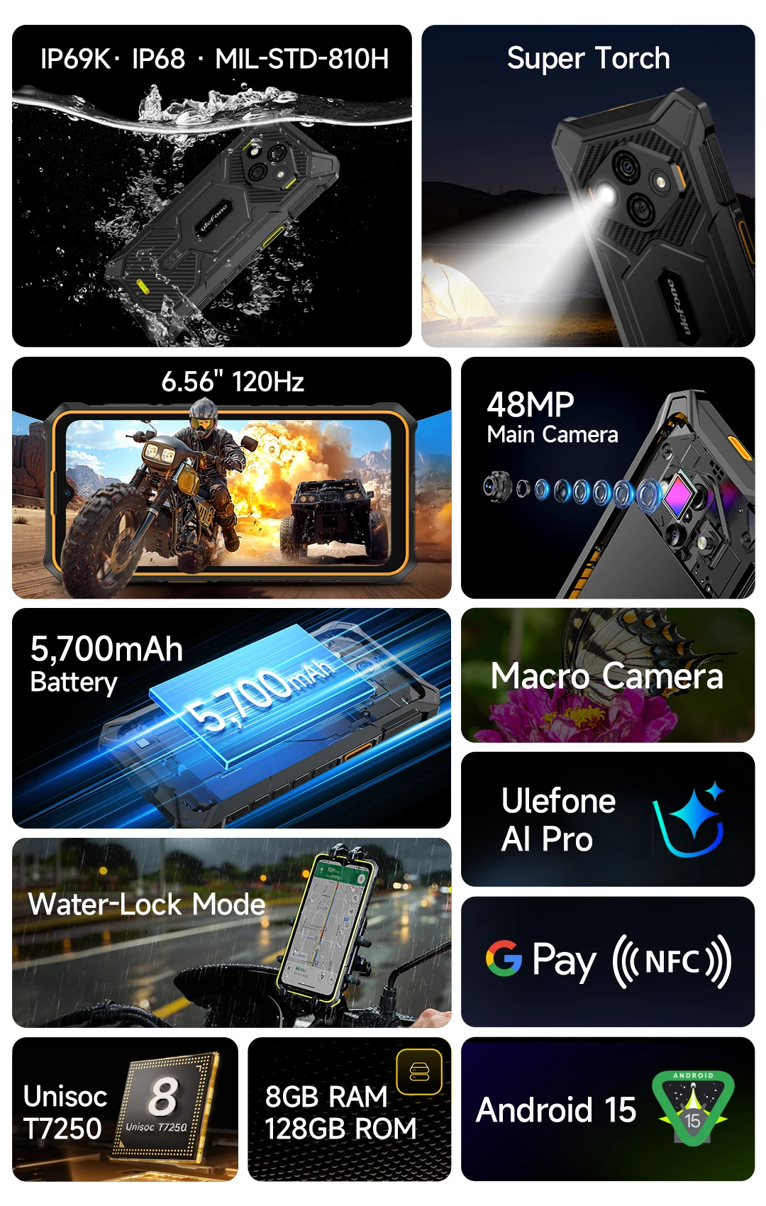 【World Premiere】Ulefone RugKing 3 Pro Rugged Phone 6.56" 120Hz 5700mAh Android 15 Up to 16GB RAM,128GB ROM NFC 4G Global