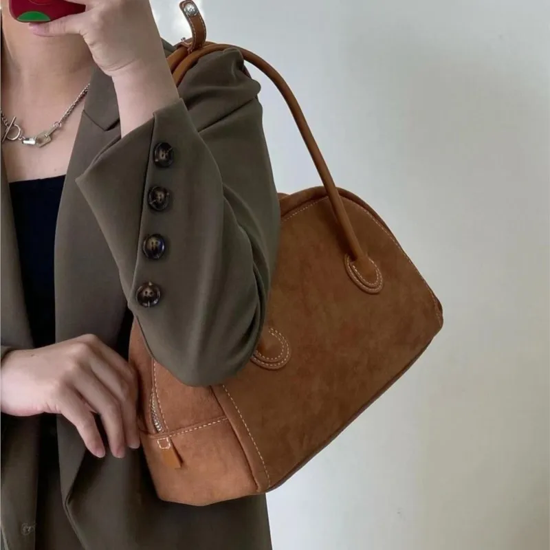 Retro Maroon Boston Handbag Women Korean Niche Design Large Capacity Shoulder Bags Ladies Casual Commute Minimalist Underarm Bag