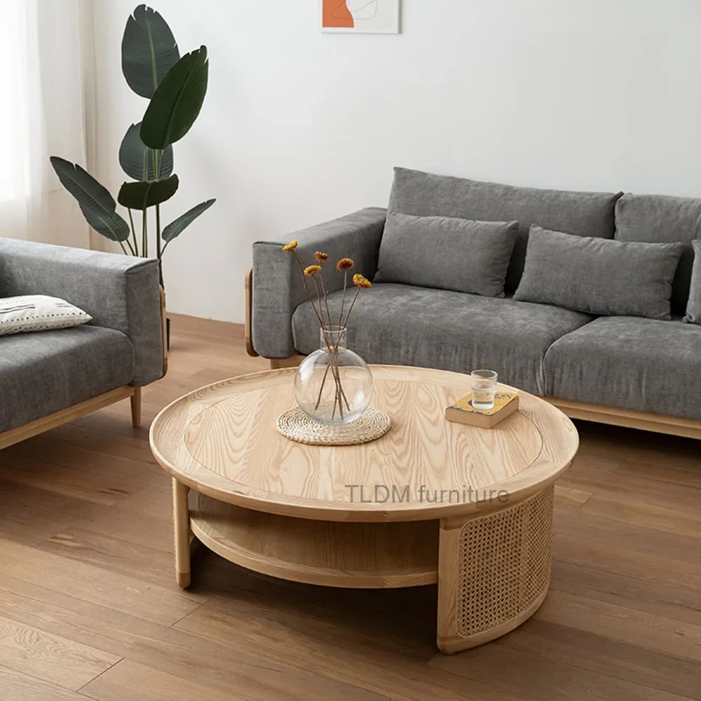 

Living Room Tea Table Homestay Solid Wood Round Coffee Table Vintage Solid Wood Genuine Vine Durable Sun Resistant