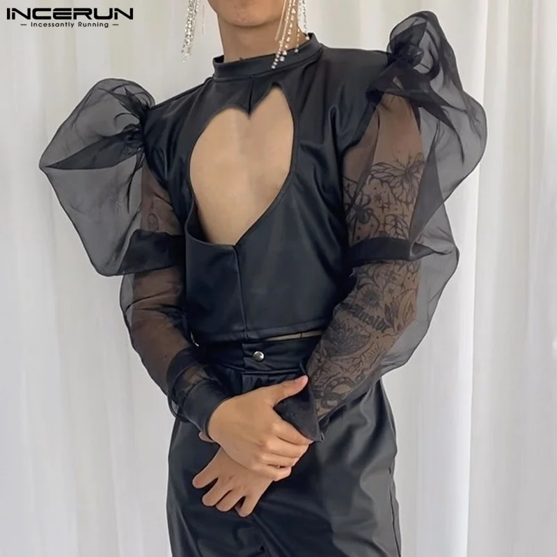 

INCERUN Tops 2024 New Men Love Hollow PU Leather Patchwork Design Shirts Sexy Male Thin Organza Bubble Long Sleeved Blouse S-5XL