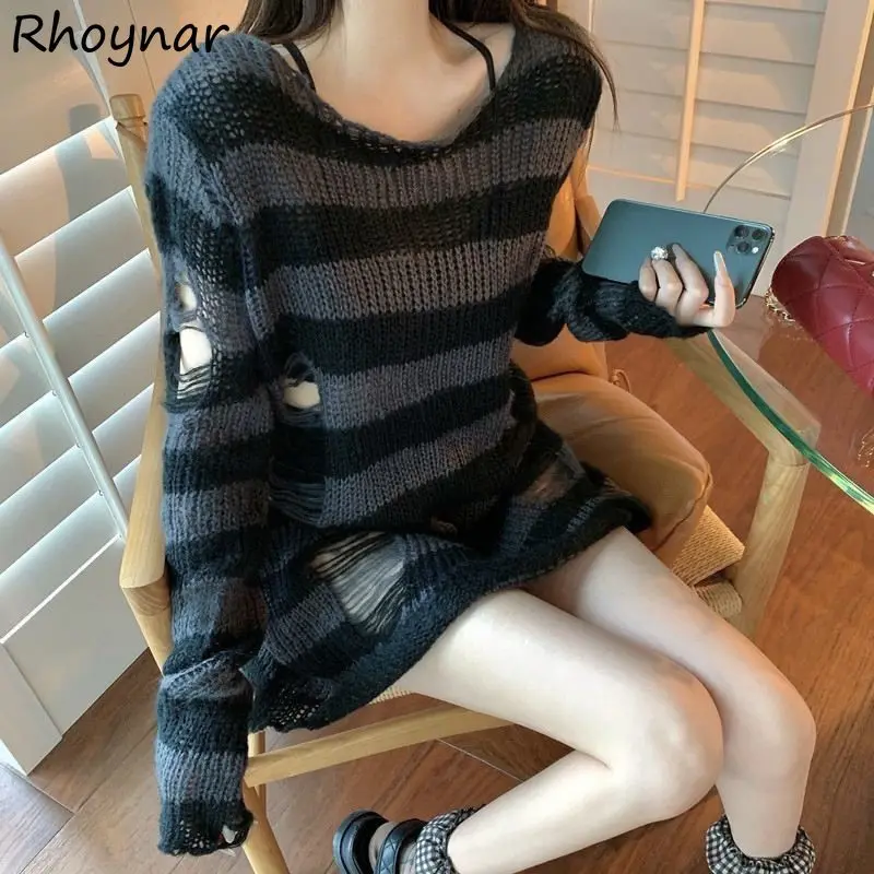 

Women Striped Pullovers European American Ripped Hole Sweaters Punk Girls Streetwear Loose Spring Autumn Mid-length Knit Blusas