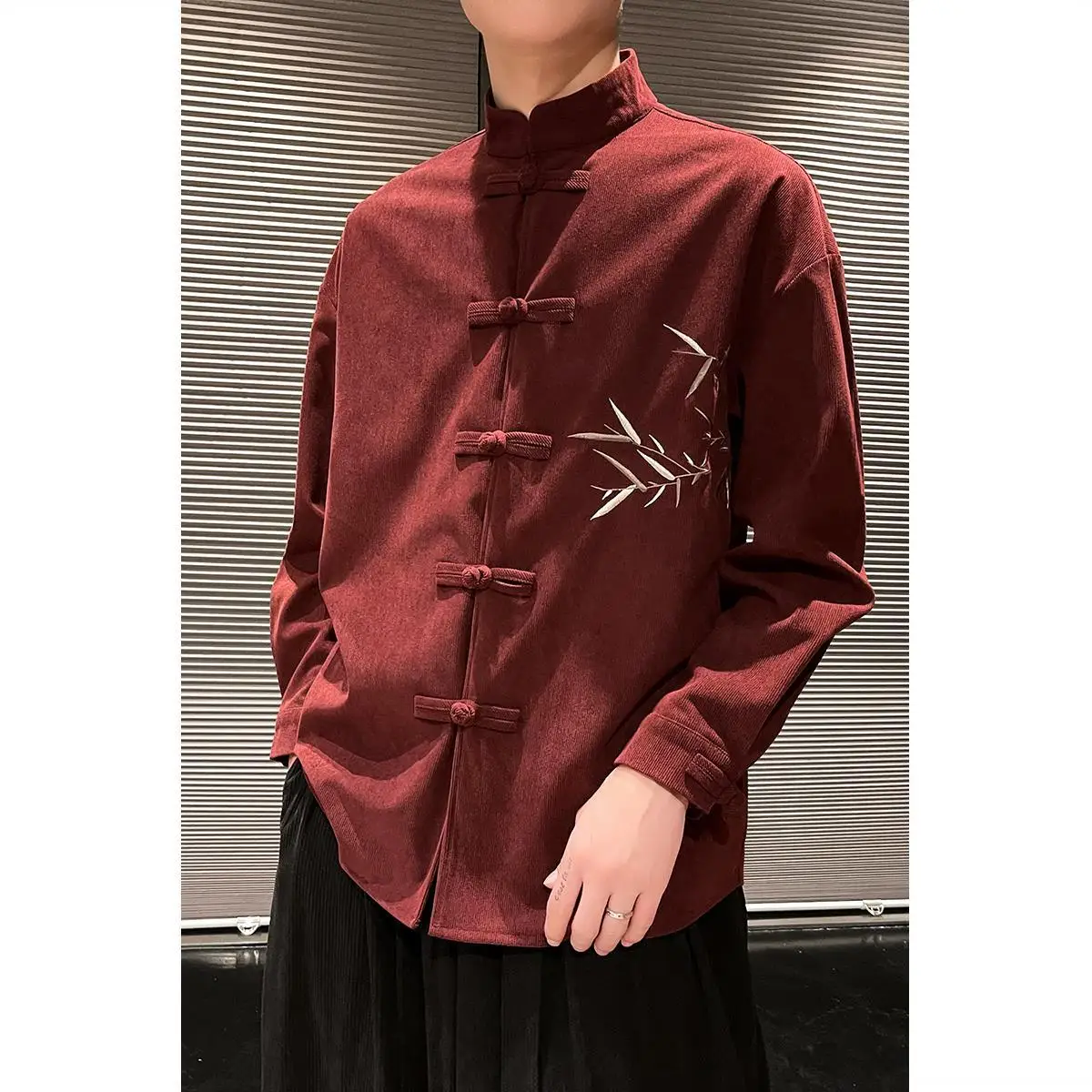 Chinese Style Stand Collar Hand Buttoned Bamboo Embroidered Long Sleeved Tang Suit Top Shirt Men's Autumn Casual Jacket