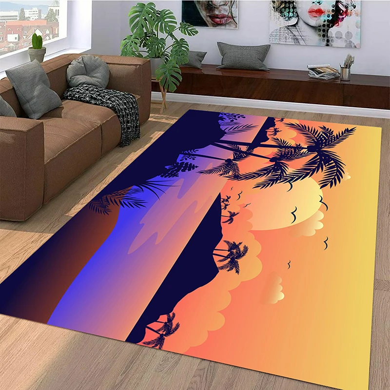 

Pastoral Style Colorful Palm Silhouettes Carpet for Living Room Non-slip Tropical Palm Tree Sunset Aesthetic Room Decoration