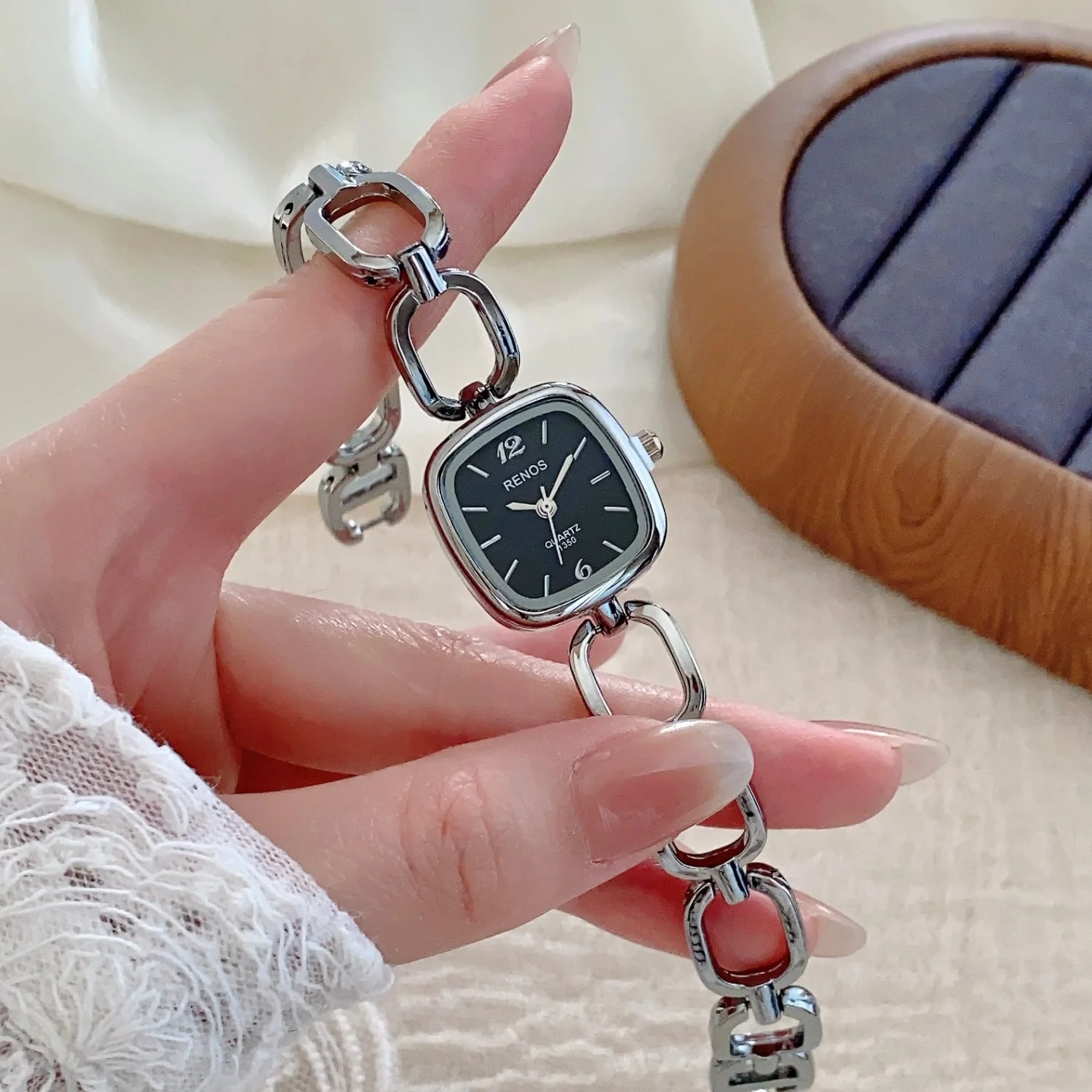 Silver Openwork Square Bracelet Women's Minimalist Wristwatch - High-Quality Elegant Timepiece