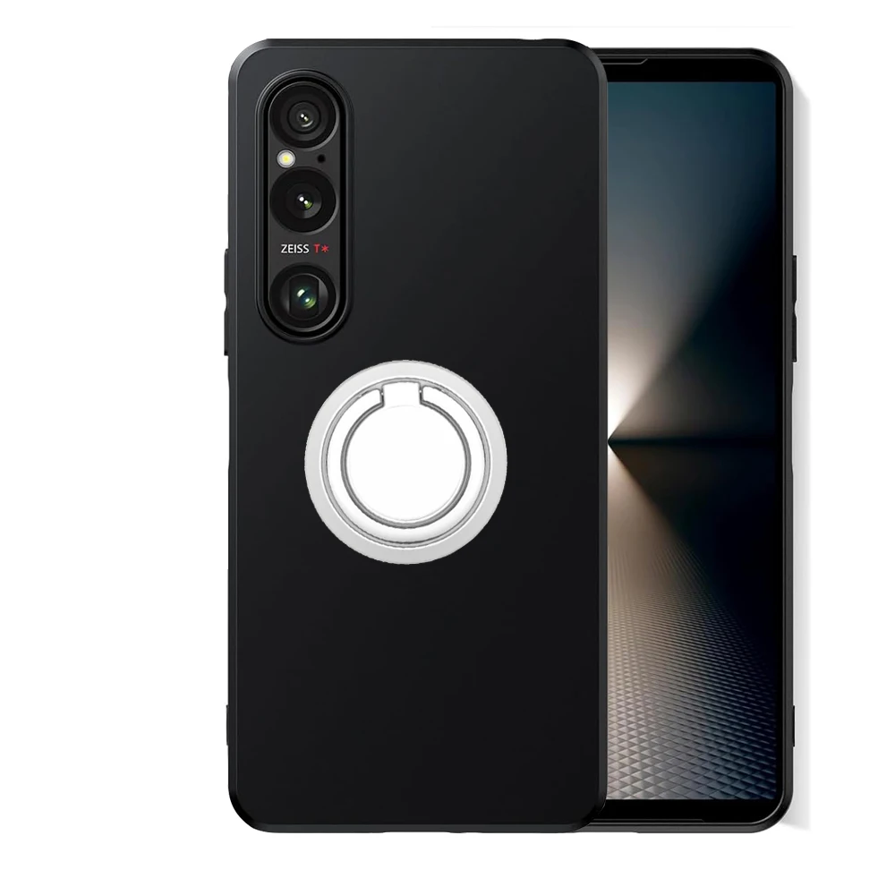 Black Matte Shockproof Kickstand Ring Holder Case - Soft TPU Cover
