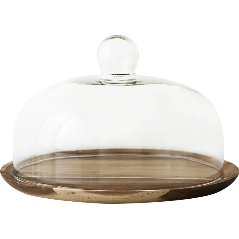 Nordic style Retro Wooden cake plate Glass cover Dessert table display stand tray Home kitchen decoration Festive party