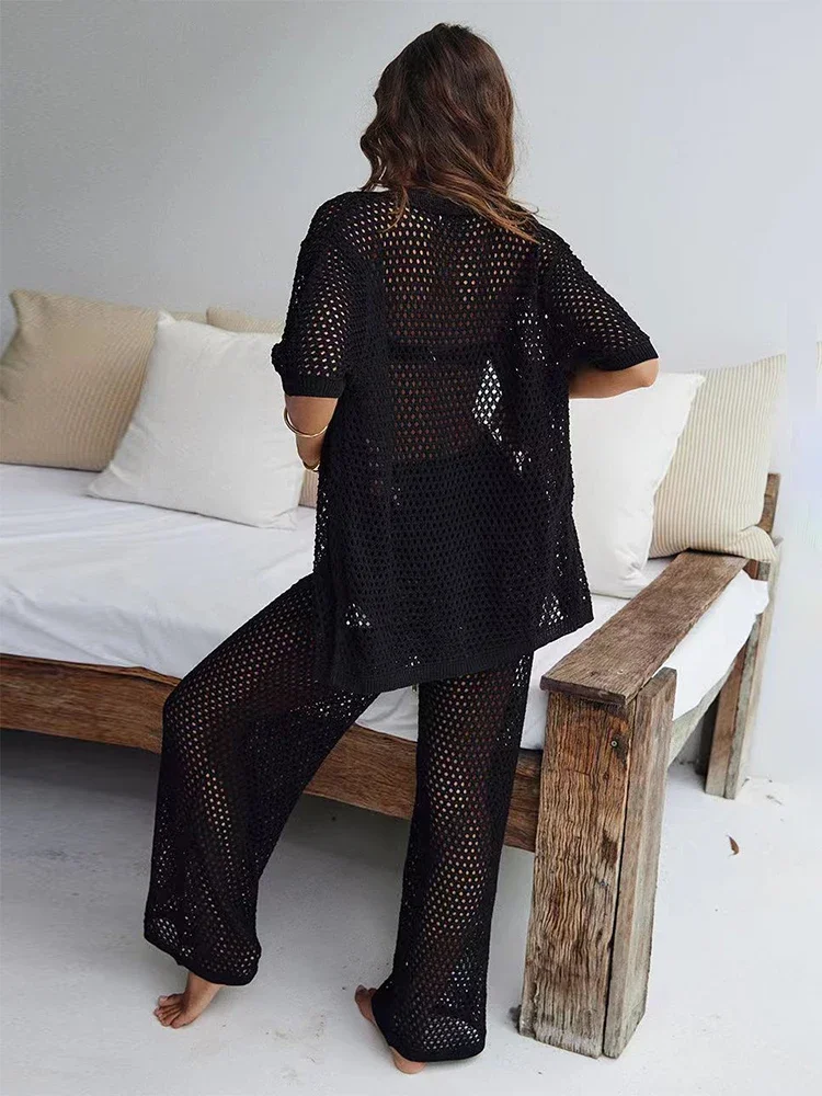 Women's Casual Knitted Hollow Out Loose Lapel Button Short Sleeve Top Trousers Two-piece 2026 Summer Swimsuit Cover Up Set A2926 4
