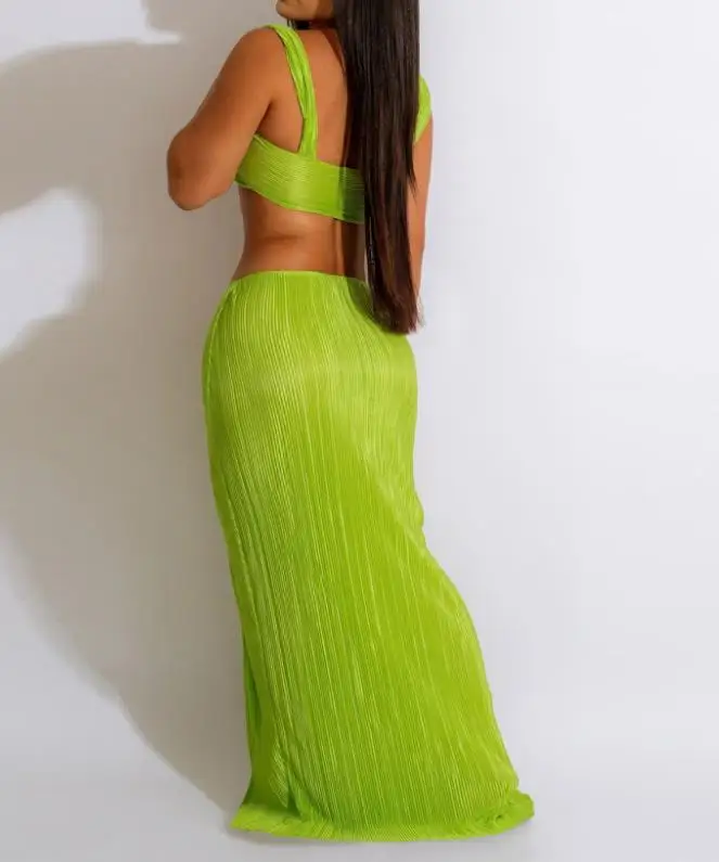 

Bow Design Textured Top and Pleated Slit Skirt Set 2023 New Hot Selling Fashion Women's Clothing