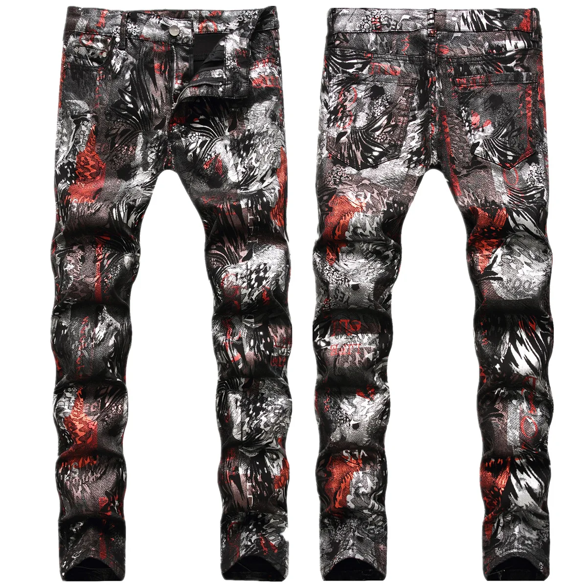 

European American Mainstream Fashion Jeans Men's Personality Leopard Pattern Color Painting Printing Graffiti Slim Long Pants