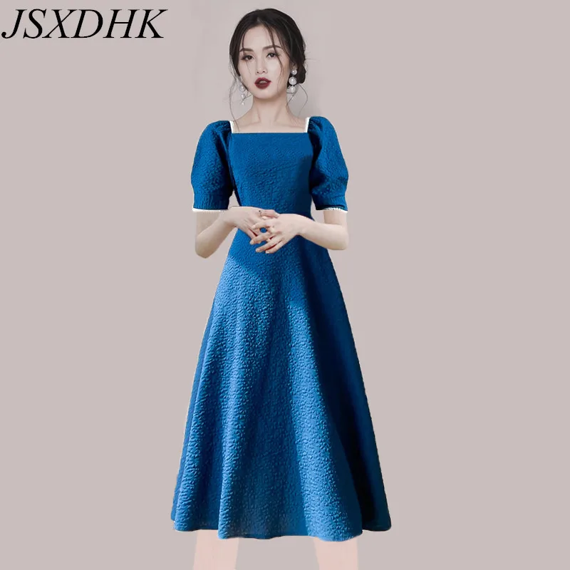 

New French Elegant Women Square Collar Ball Gown Dress High Quality Summer Blue Puff Sleeve Slim Waist Ladies Party Midi Vestido