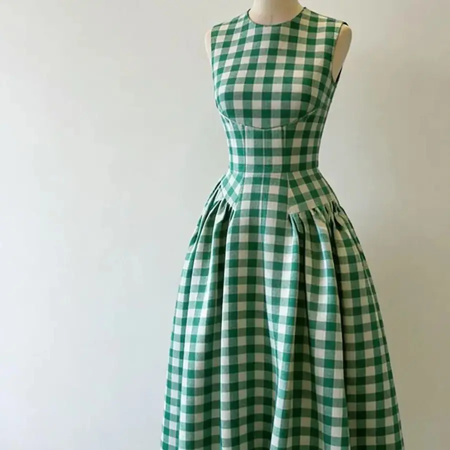 Abito Elegante Verde Menta a Quadri Senza Maniche da Donna, Gonna Lunga Estiva Stile Retrò di Nicchia, Vestibilità Slim - immagine 4