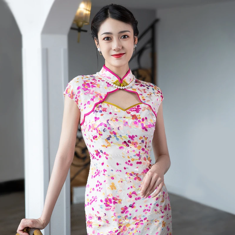 

Simeizi Sexy New Chinese Dress Improved Printed Cheongsam Women's Summer Breathable Fashion Openwork Sleeveless Dress