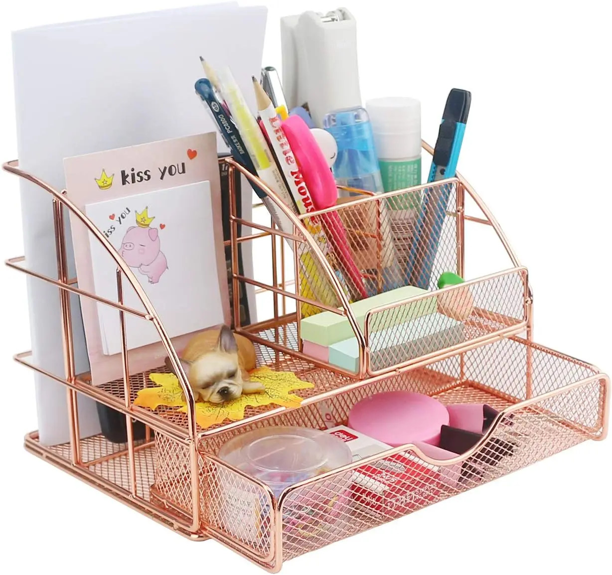 Desk Supplies Organizer, Multi-Functional Mesh Desk Organizer with 6 Compartments & Drawer Organizer for Office Supplies
