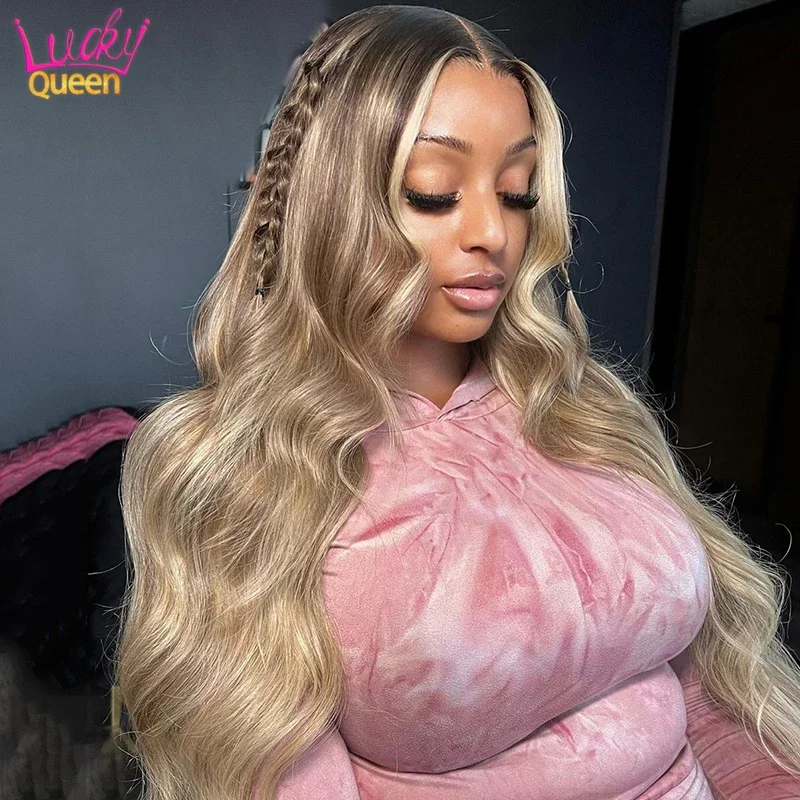 

Brown Highlight Ash Blonde Body Wave 13X6 Frontal Wig Pre Plucked Human Hair Wig for Women Transparent HD Lace 5X5 Closure Wig